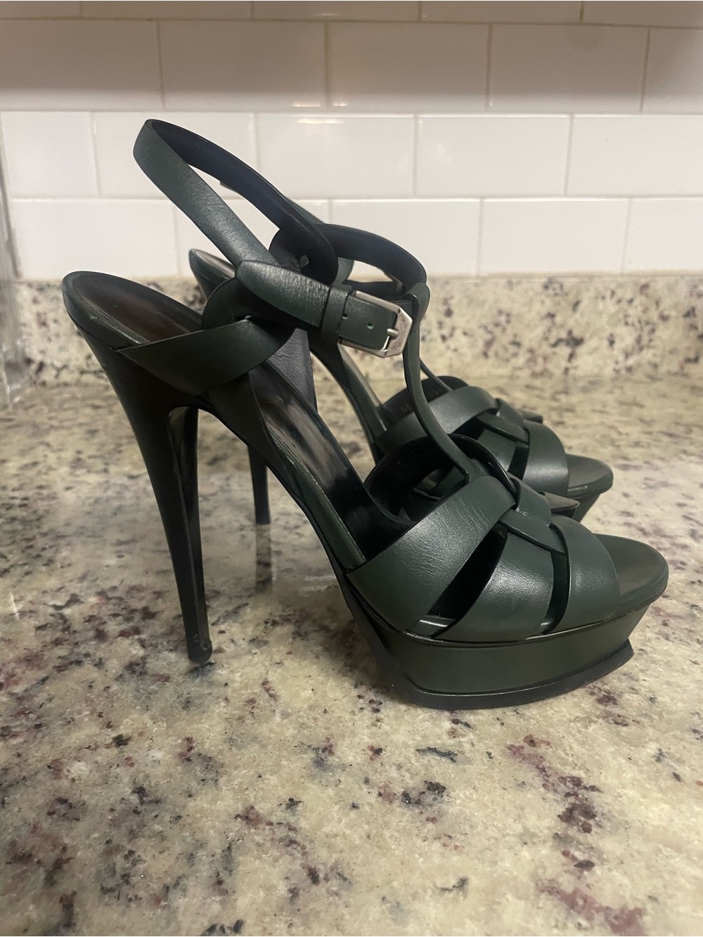Saint Laurent Tribute Platform Sandals Heels Dark Green size 41 Smooth leather - Picture 6 of 15